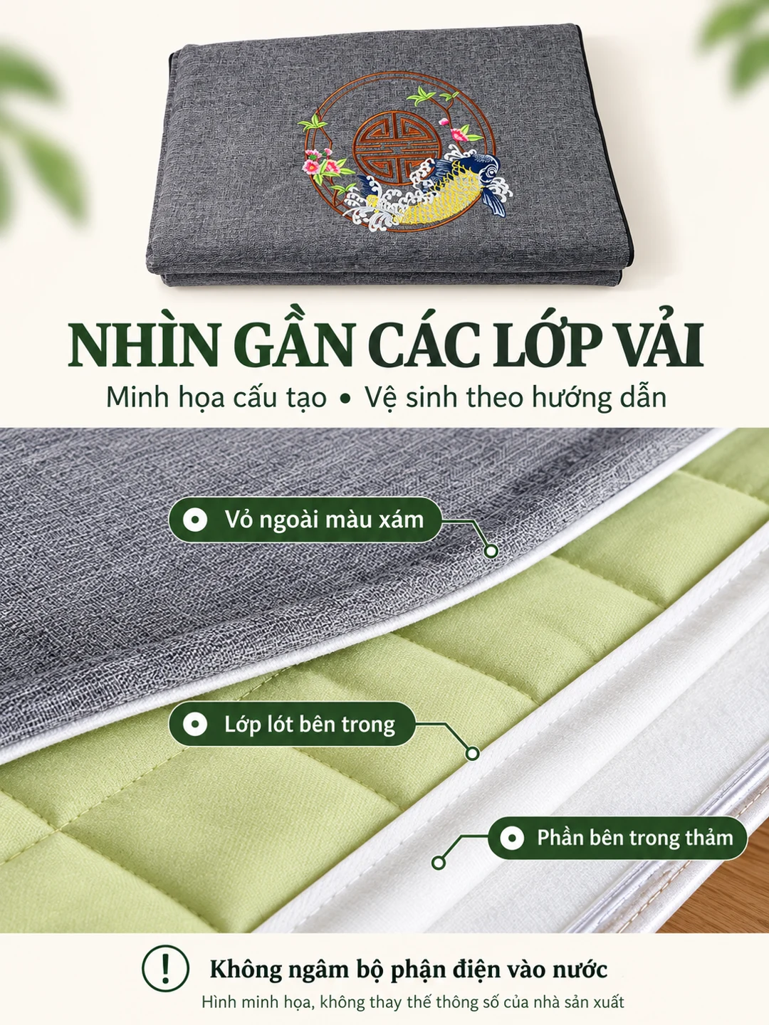 Minh họa các lớp vải với thảm xám thêu cá chép đúng mẫu shop cung cấp
