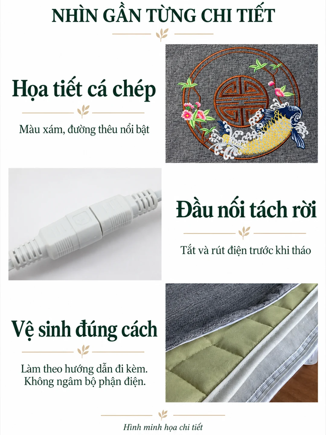Minh họa chi tiết họa tiết cá chép, đầu nối tách rời và vệ sinh đúng hướng dẫn