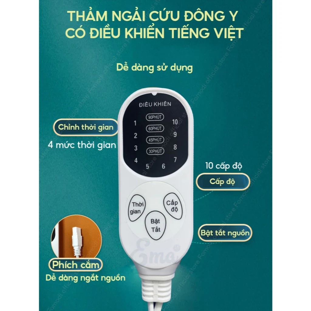 Chú thích điều khiển do shop cung cấp: 4 mức thời gian, 10 cấp độ, nút Bật Tắt và đầu nối