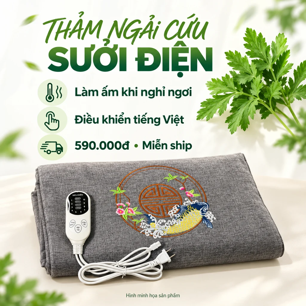 Hình minh họa thảm ngải cứu xám thêu cá chép và điều khiển tiếng Việt, giá 590.000đ miễn ship