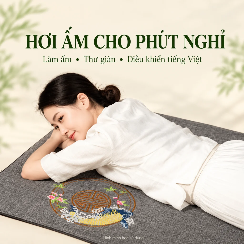 Hình minh họa người phụ nữ nghỉ khi còn thức trên thảm xám thêu cá chép